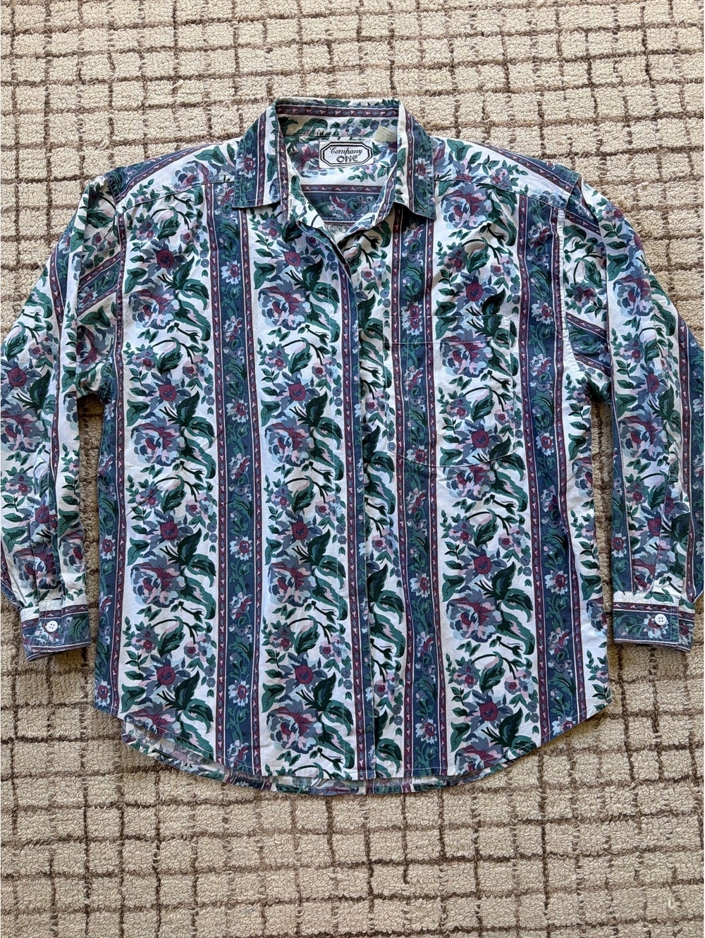 Vintage Cotton Button up western floral boho grandma cottagecore shirt blue